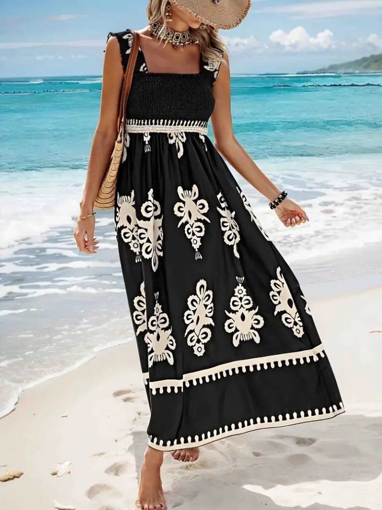 Kadın Askılı Kare Yaka Gipe Detaylı Desenli Suprem Elbise