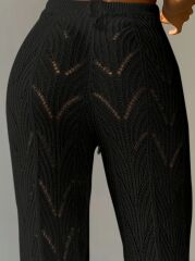 Kadın Yüksek Bel Bağcıklı Desenli Triko Plaj Pantolon