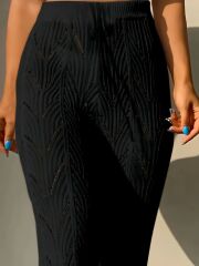 Kadın Yüksek Bel Bağcıklı Desenli Triko Plaj Pantolon