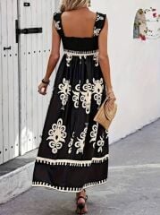 Kadın Askılı Kare Yaka Gipe Detaylı Desenli Suprem Elbise