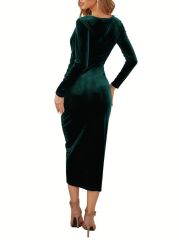 Kadın Uzun Kollu Kruvaze Yaka Belden Büzgü Detay Midi Kadife Elbise