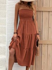 Kadın Straplez Göğüsten Lastikli Kloş Aerobin Uzun Elbise