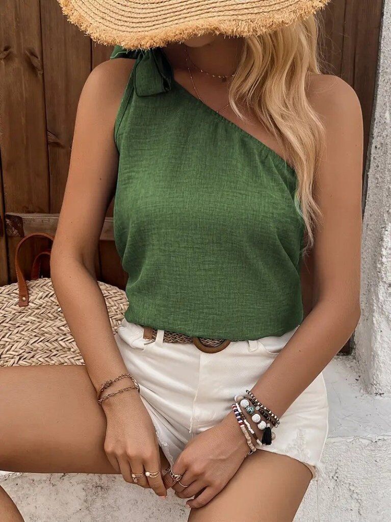 Kadın Tek Omuzdan Askılı Bağcıklı Keten Bluz