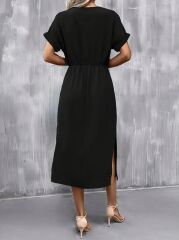 Kadın Kısa Kollu Yakası Açık Belden Bağlamalı Yırtmaçlı Viskon Elbise