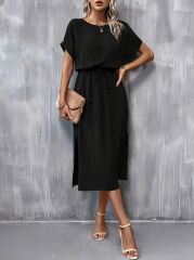 Kadın Kısa Kollu Yakası Açık Belden Bağlamalı Yırtmaçlı Viskon Elbise