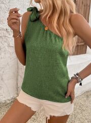 Kadın Tek Omuzdan Askılı Bağcıklı Keten Bluz