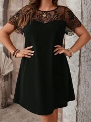 Kadın Kısa Kollu Dantel Bisiklet Yaka Ve Kol Dantel Detaylı Janjan Krep Elbise