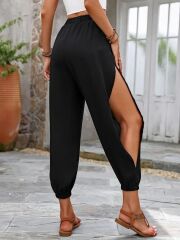 Kadın Yüksek Belli Yanlardan çapraz Detay Yırtmaçlı Viskon Pantolon