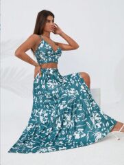 Kadın Ince Askılı çiçek Baskı Desenli Crop Yırtmaçlı Etek Ikili Süprem Takım