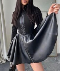 Kadın Uzun Kollu Scuba Dalgıc Kumaş Deri Ve Fermuar Detaylı Fırsat ürün Elbise