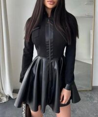 Kadın Uzun Kollu Scuba Dalgıc Kumaş Deri Ve Fermuar Detaylı Fırsat ürün Elbise