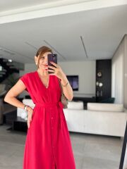 Kadınn V Yaka Düğme Detay Kuşak Dahil Elbise