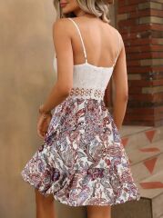 Kadın Askılı V Yakalı üst Dantel Alt Süprem Mini Elbise