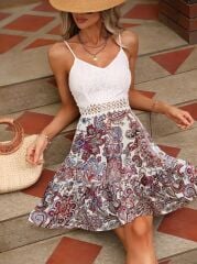 Kadın Askılı V Yakalı üst Dantel Alt Süprem Mini Elbise