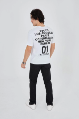 Erkek Bisiklet Yakalı Baskılı T-Shirt - Beyaz