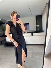 Kadınn V Yaka Düğme Detay Kuşak Dahil Elbise