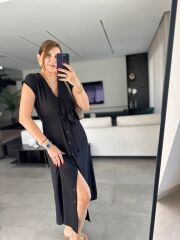 Kadınn V Yaka Düğme Detay Kuşak Dahil Elbise