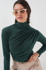 925 Büzgü Detaylı Sandy Bluz - Zümrüt Yeşili