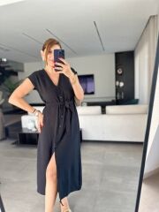 Kadınn V Yaka Düğme Detay Kuşak Dahil Elbise