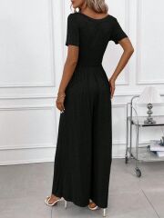 Kadın Kısa Kollu Yuvarlak Yaka Geniş Paçalı Bürümcük Tulum