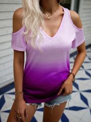 Kadın Kısa Kollu V Yakalı Iki Omuzu Açık Baskılı Süprem Bluz