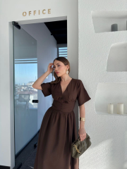 Kısa Kollu Uzun Elbise - Kahve