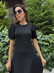 Kadın Kısa Balon Kollu Bisiklet Yaka Geniş Kesim Janjan Krep Elbise