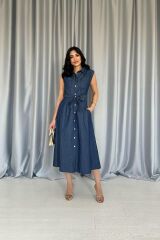 Mavi Tencel Çıtçıtlı Elbise