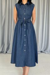 Mavi Tencel Çıtçıtlı Elbise