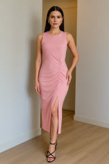 Kadın Bisiklet Yaka Büzgü Ve Broş Detay Yırtmaçlı Maxi Boy Elbise