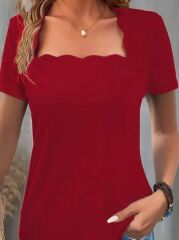 Kadın Kısa Kollu Kare Lazer Yakalı Janjan Krep Bluz