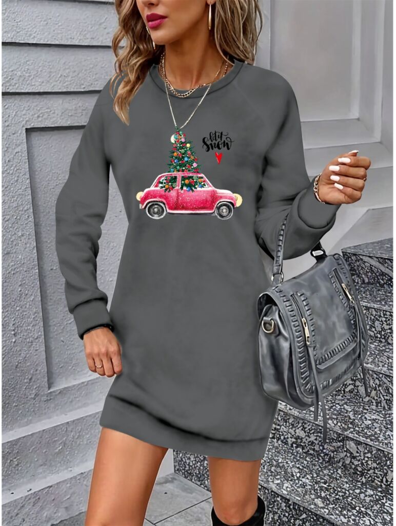 Kadın Uzun Kollu Bisiklet Yaka Desenli Viskon Iki Iplik Elbise