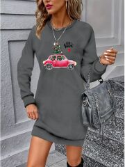 Kadın Uzun Kollu Bisiklet Yaka Desenli Viskon Iki Iplik Elbise