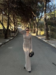 V Yaka Kare Yaka Dikişli Yırtmaçlı Uzun Elbise - Taş