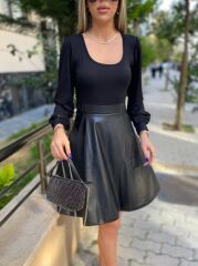 Kadın Uzun Kollu üst Viskon Alt Kloş Deri Elbise