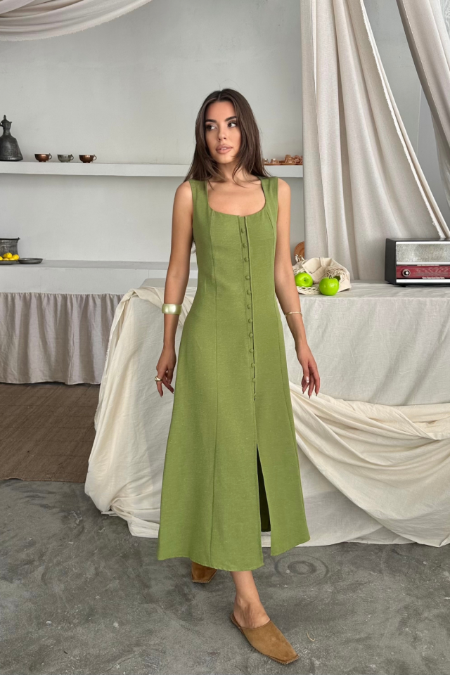 KETEN KOLSUZ KARE YAKA DÜĞME DETAYLI ELBİSE - Yağ Yeşili