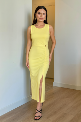 Kadın Bisiklet Yaka Büzgü Ve Broş Detay Yırtmaçlı Maxi Boy Elbise