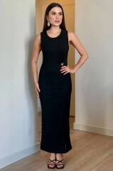 Kadın Bisiklet Yaka Büzgü Ve Broş Detay Yırtmaçlı Maxi Boy Elbise