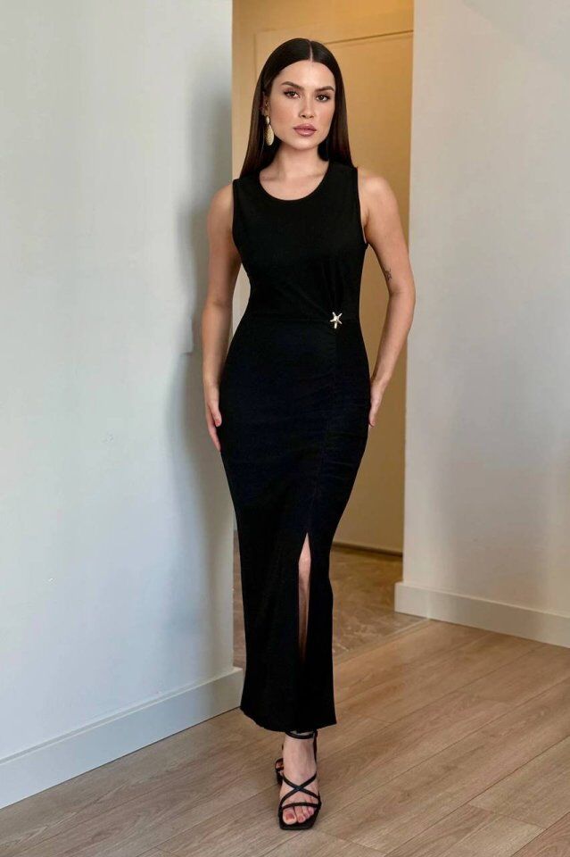 Kadın Bisiklet Yaka Büzgü Ve Broş Detay Yırtmaçlı Maxi Boy Elbise