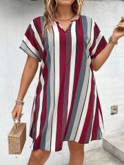 Kadın Kısa Kollu V Yakalı çizgi Baskılı Süprem Elbise