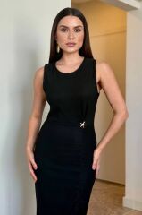 Kadın Bisiklet Yaka Büzgü Ve Broş Detay Yırtmaçlı Maxi Boy Elbise