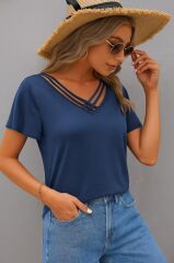 Kadın Kısa Kollu V şerit Yakalı Viskon Bluz