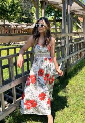 Kadın Ip Askılı V Yakalı Bel Güpür çiçek Desenli Yandan Yırtmaçlı Maksi Süprem Elbise