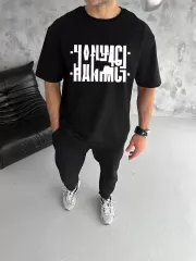 Unisex Bisiklet Yaka Katlanan Baskılı T-Shirt - Siyah