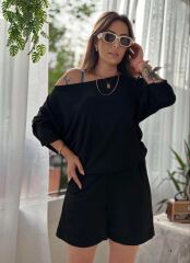 Kadın Kayık Yaka Oversize Asimetrik Bluz Ve şort Iki Iplik Takım