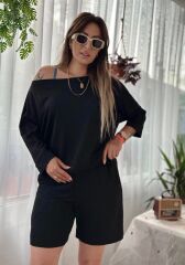 Kadın Kayık Yaka Oversize Asimetrik Bluz Ve şort Iki Iplik Takım