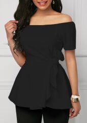 Kadın Kısa Kollu Madonna Yaka Yandan Bağlamalı Ithal Krep Bluz