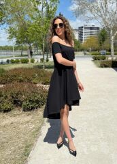 Kadın Kısa Kollu Madonna Yaka önü Kısa Arkası Uzun Ithal Krep Elbise