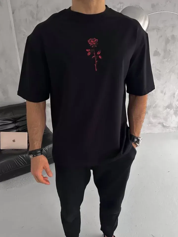 Unisex Bisiklet Yaka Baskılı Oversize T-Shirt - Siyah