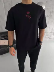 Unisex Bisiklet Yaka Baskılı Oversize T-Shirt - Siyah